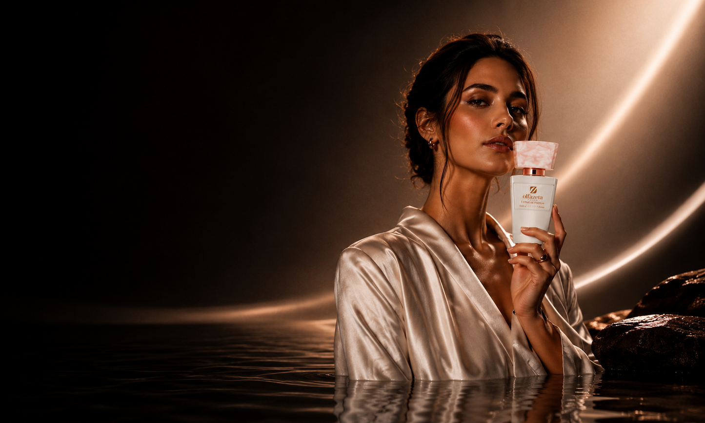 Dame sprüht Parfum auf ihren Körper