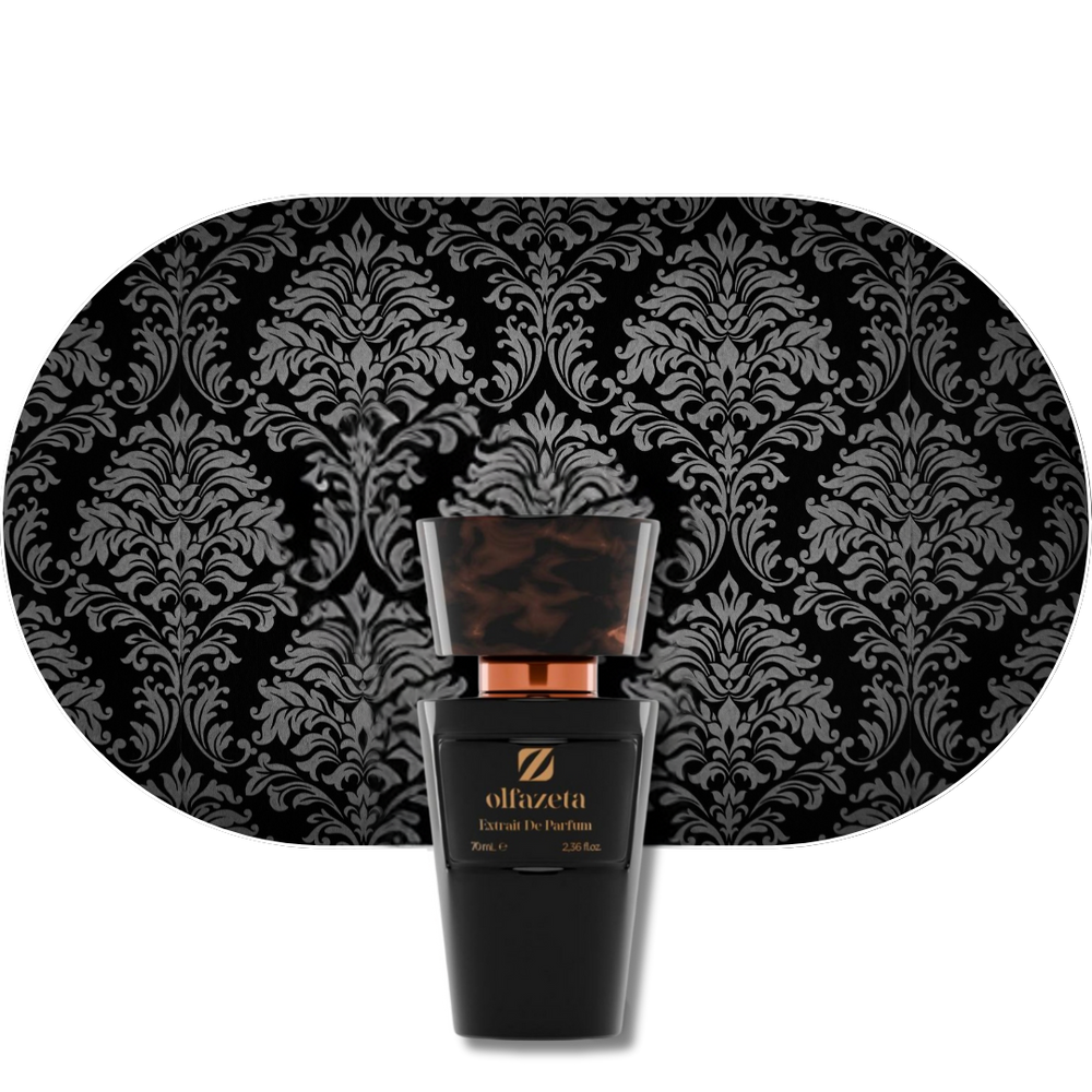 schwarzes Parfümflakon Chogan Parfum 1 mit elegantem Muster im Hintergrund, Duft mit frischen, würzigen und holzigen Noten