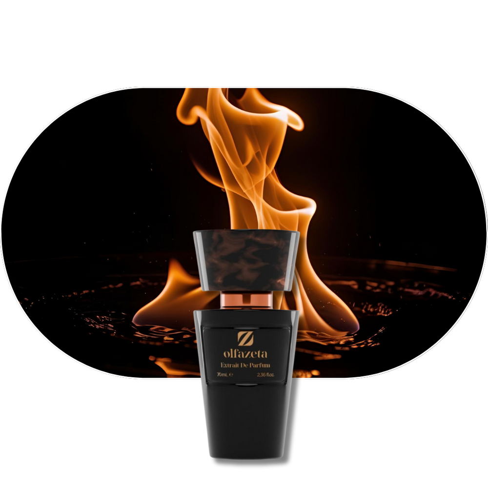 Chogan Parfum 3 Flakon vor Flammen symbolisiert frischen und kraftvollen Duft mit Bergamotte, Jasmin und Ambra