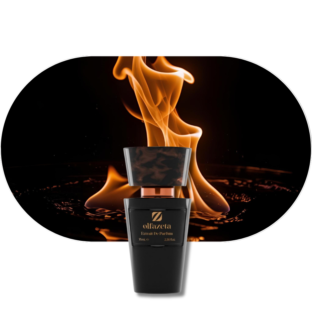 Chogan Parfum 3 Flakon vor Flammen symbolisiert frischen und kraftvollen Duft mit Bergamotte, Jasmin und Ambra