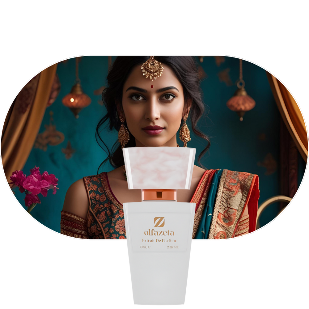 Chogan Parfum 6 Flakon vor indischer Frau in traditioneller Kleidung und exotischem Hintergrund