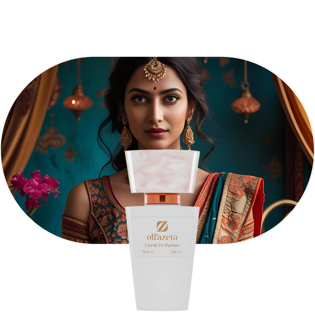 Chogan Parfum 6 Flakon vor indischer Frau in traditioneller Kleidung und exotischem Hintergrund