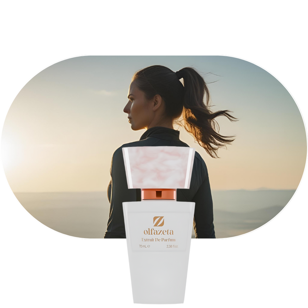 Frau mit Pferdeschwanz vor Sonnenuntergang, Chogan Parfum 14 Flakon mit zartem, femininen Duft aus Bergamotte, Jasmin und Vanille