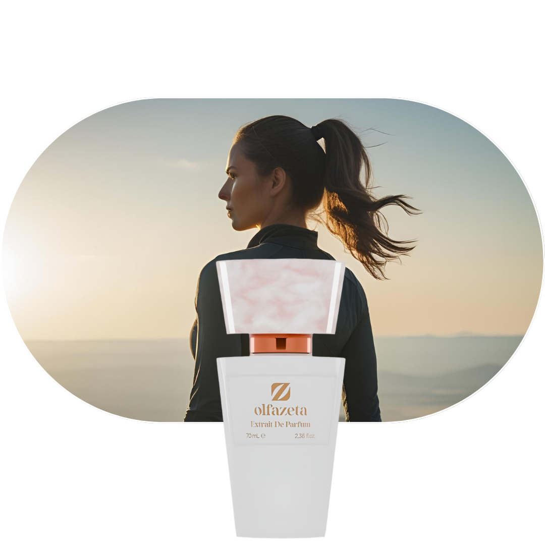 Frau mit Pferdeschwanz vor Sonnenuntergang, Chogan Parfum 14 Flakon mit zartem, femininen Duft aus Bergamotte, Jasmin und Vanille