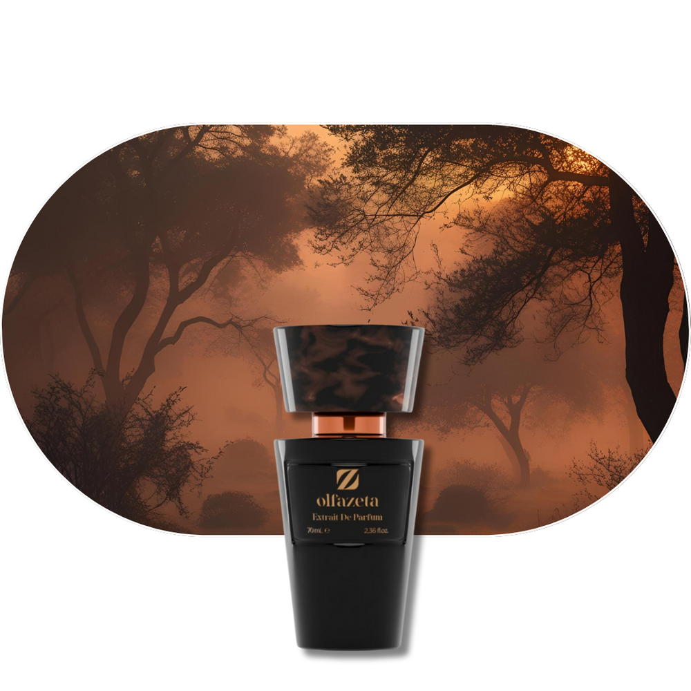 Chogan Parfum 15 in schwarzer Flasche vor mystischem Wald im Abendlicht, warm und sinnlich duftend mit Basilikum, Jasmin und Sandelholz.