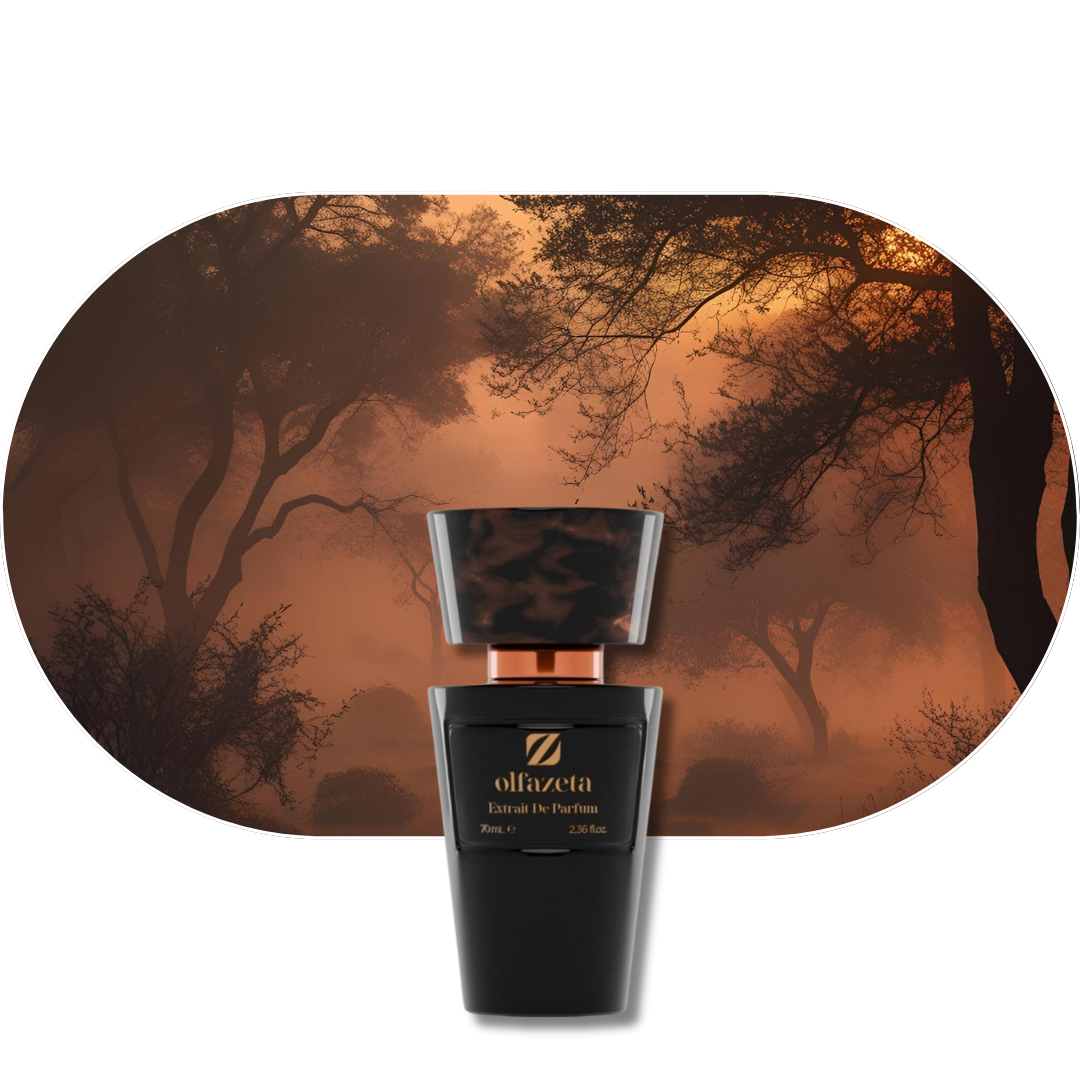 Chogan Parfum 15 in schwarzer Flasche vor mystischem Wald im Abendlicht, warm und sinnlich duftend mit Basilikum, Jasmin und Sandelholz.