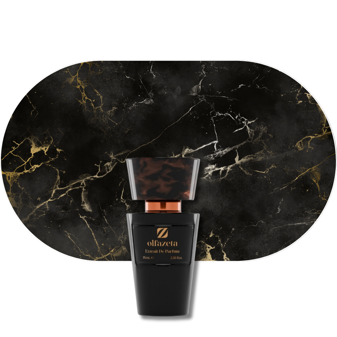 Chogan Parfum 22 Flakon vor schwarzem Marmorhintergrund mit Goldadern, elegant und luxuriös präsentiert.
