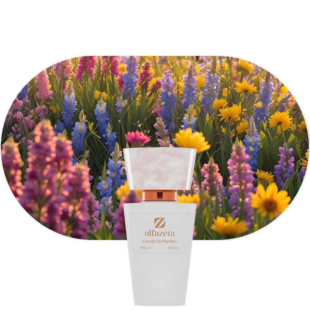 Chogan 26 Blumenwiese Parfumflasche vor bunter Frühlingsblumenwiese mit Duftnoten von Weißdorn, Johannisbeere, Rose, Jasmin, Veilchen, Vanille und Moschus