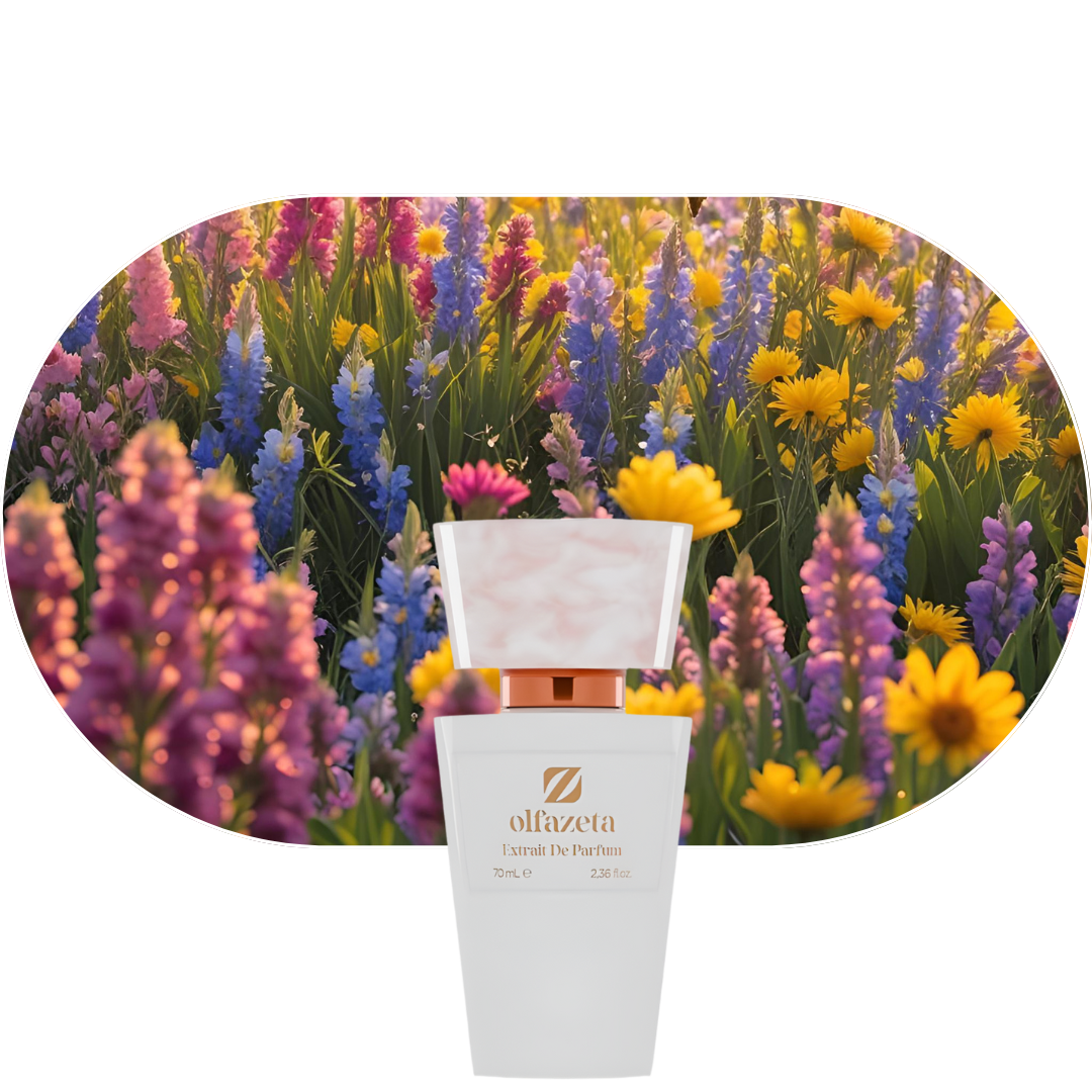 Chogan 26 Blumenwiese Parfumflasche vor bunter Frühlingsblumenwiese mit Duftnoten von Weißdorn, Johannisbeere, Rose, Jasmin, Veilchen, Vanille und Moschus
