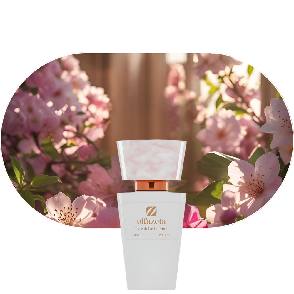 Chogan Parfum 27 Parfümflasche vor blühendem Blumenhintergrund, orientalisch-blumiger Duft mit Rose, Vanille und Moschus.