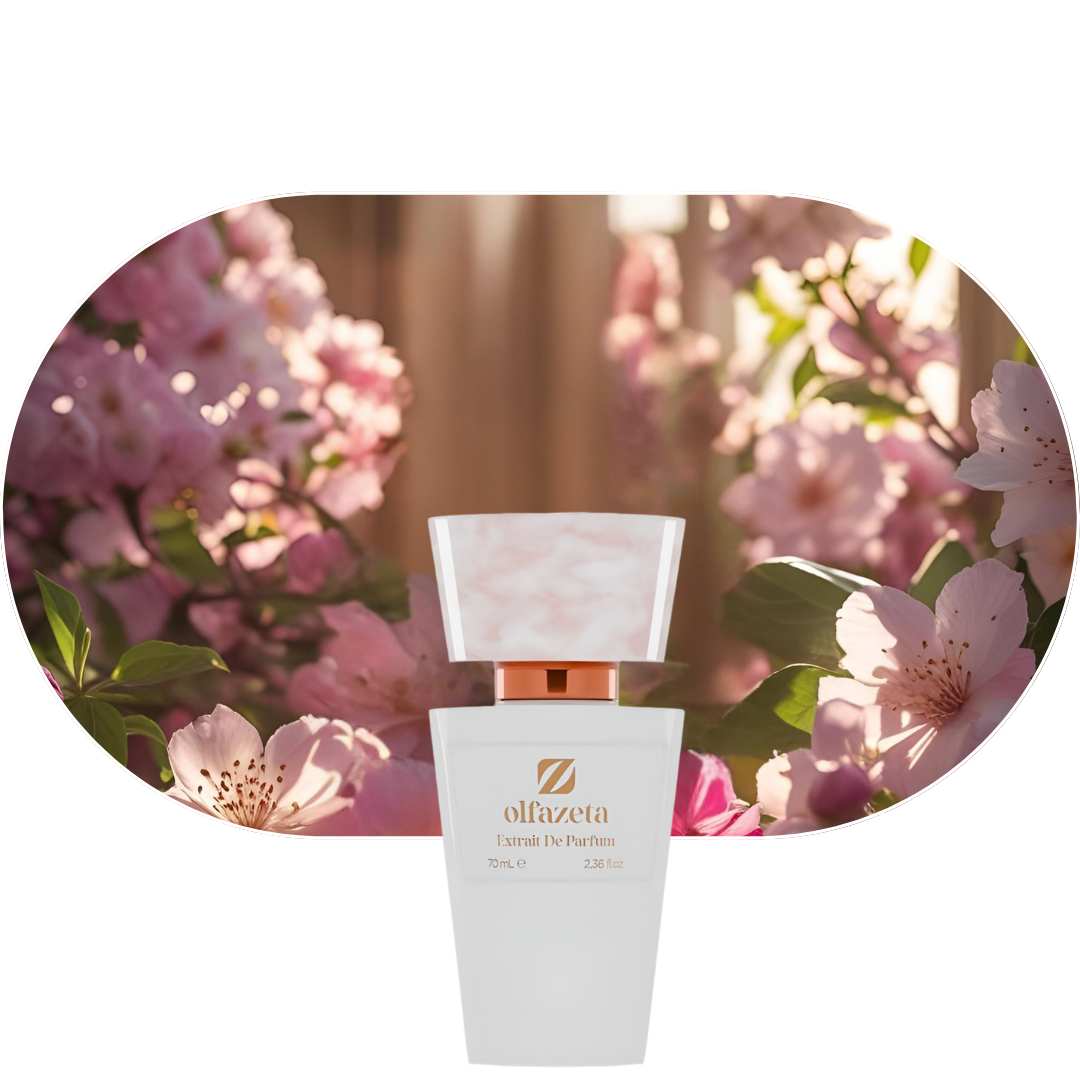 Chogan Parfum 27 Parfümflasche vor blühendem Blumenhintergrund, orientalisch-blumiger Duft mit Rose, Vanille und Moschus.