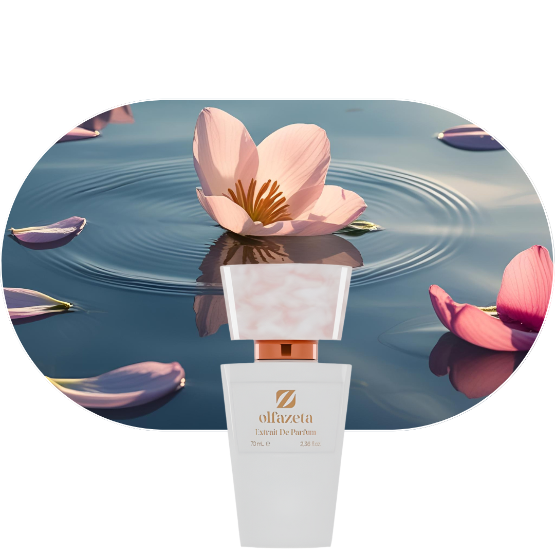 Chogan Parfum 29 mit blumigen Duftnoten aus Alpenveilchen, Lotus und Moschus, dargestellt mit schwebenden Blütenblättern auf Wasseroberfläche