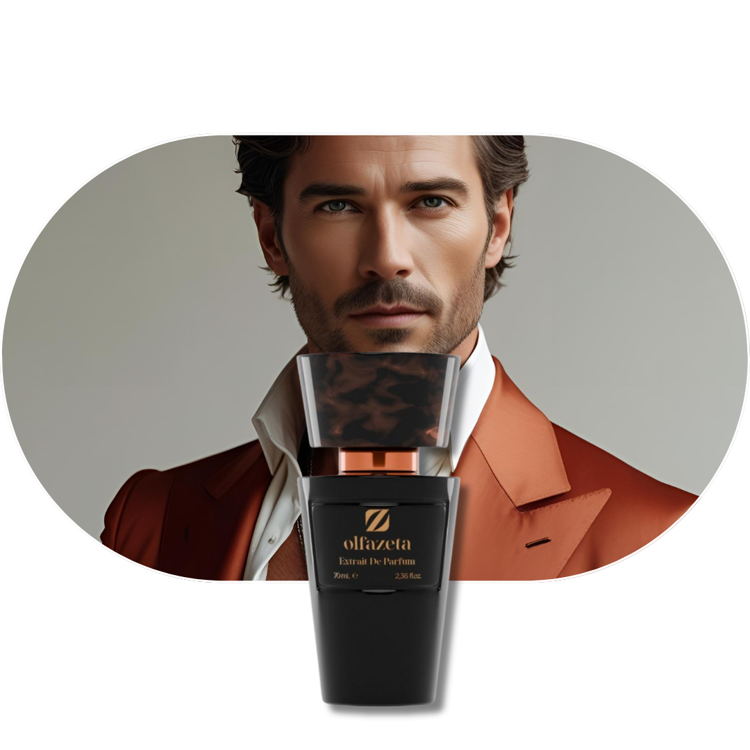 Chogan Parfum 32 Herrenparfum mit Bergamotte, Safran und Leder in elegantem Flakon vor stilvollem Mann im Anzug