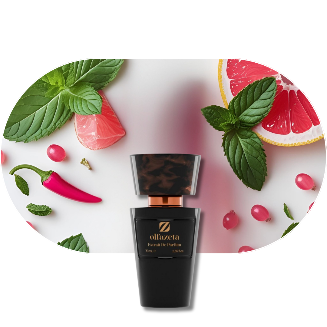 Chogan Parfum 38 Flakon mit Minze, Pink Grapefruit, rosa Pfeffer und roten Beeren auf weißem Hintergrund