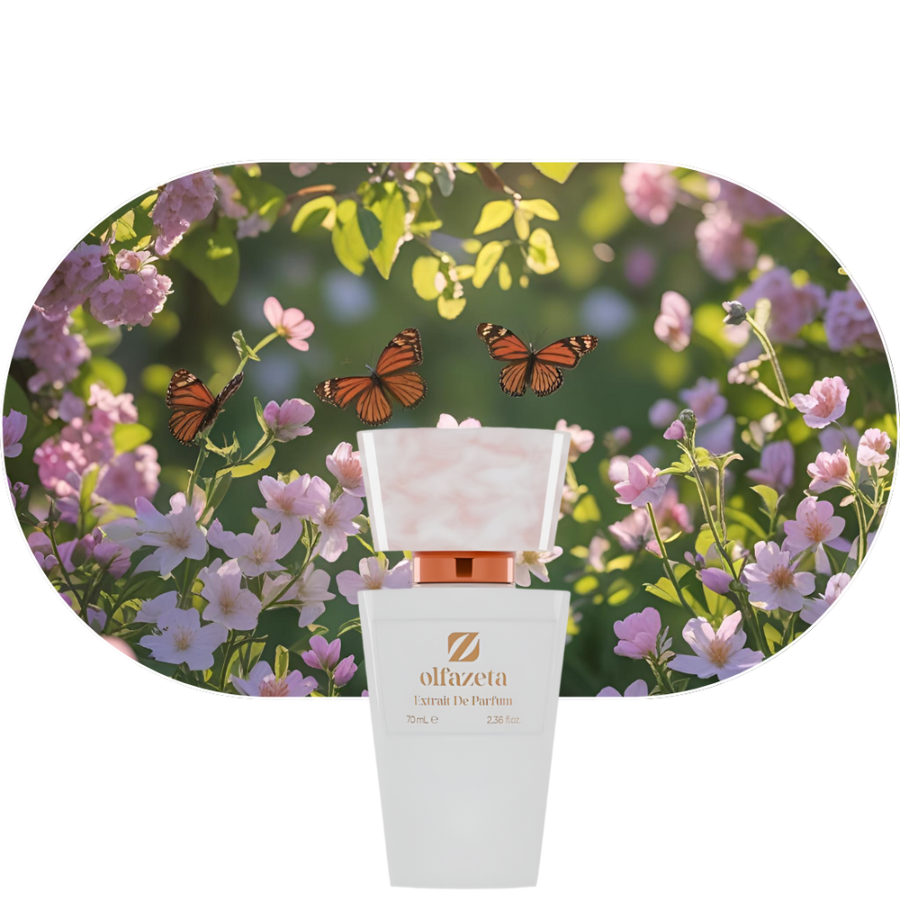 Chogan Parfum 40 Flakon vor blühenden Blumen mit Schmetterlingen, elegant und floral, Kopfnoten Passionsblüte, Herznoten Gardenie Jasmin, Basisnoten Vanille Vetiver