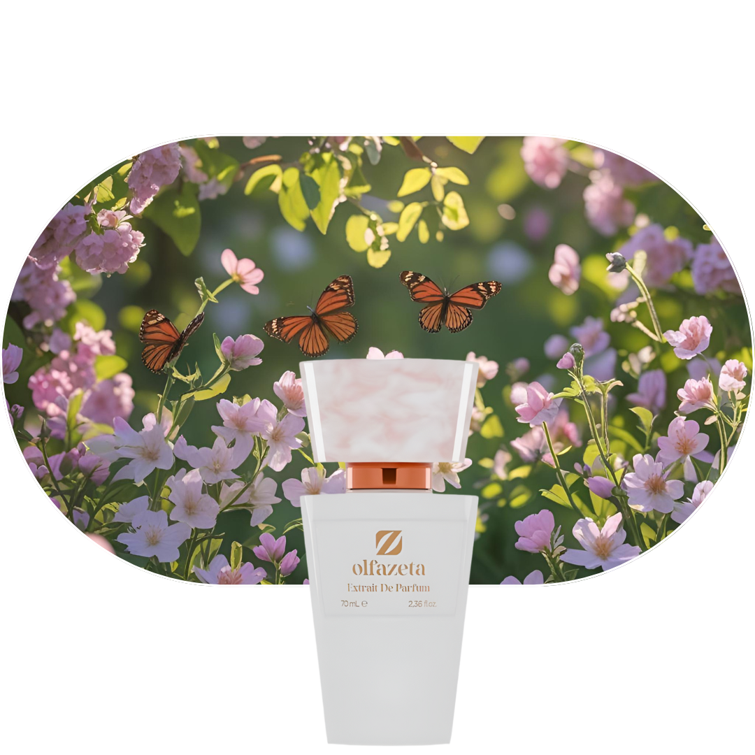 Chogan Parfum 40 Flakon vor blühenden Blumen mit Schmetterlingen, elegant und floral, Kopfnoten Passionsblüte, Herznoten Gardenie Jasmin, Basisnoten Vanille Vetiver
