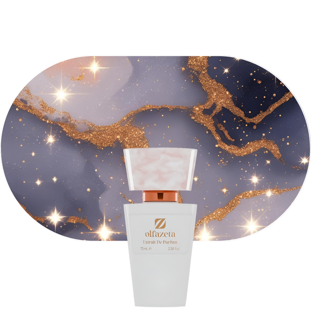 Chogan Parfum 42 Flakon mit weißem Design vor glitzerndem Hintergrund, Duft mit Birne, schwarzer Johannisbeere, Iris, Jasmin, Orangenblüte, Patschuli, Praline, Tonkabohne und Vanille.