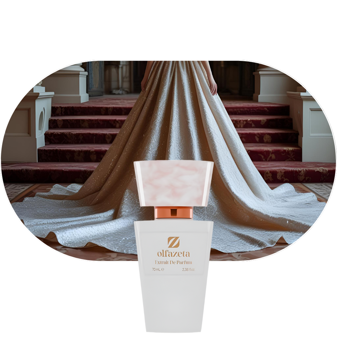 Chogan Parfum 47 Flakon vor elegantem Brautkleid mit langem Schleppe in luxuriösem Treppenhaus