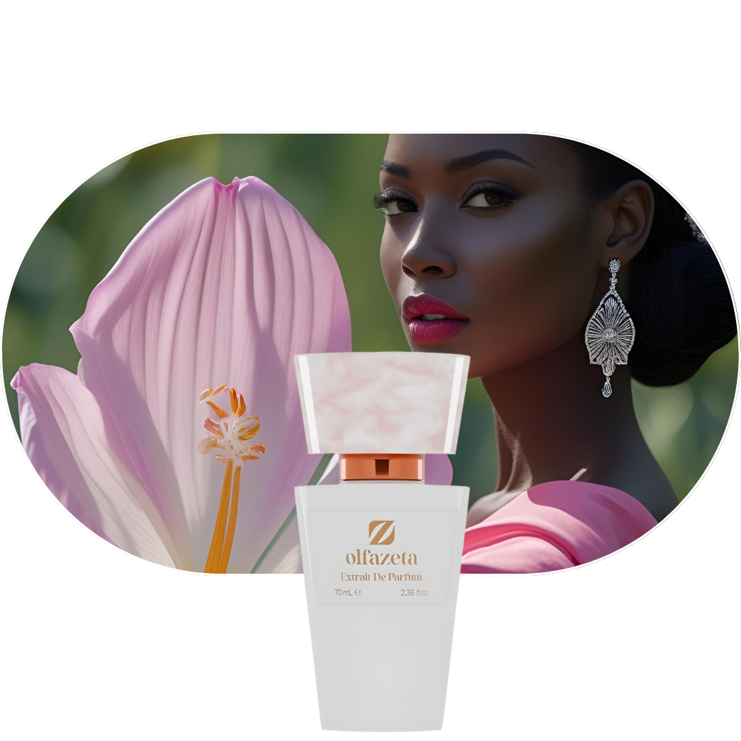 Chogan Parfum 51 Flakon vor rosa Blüte und stilvoller Frau mit eleganten Ohrringen, blumig-orientalischer Duft mit frischen Zitrusnoten und sinnlichen Basisnoten.
