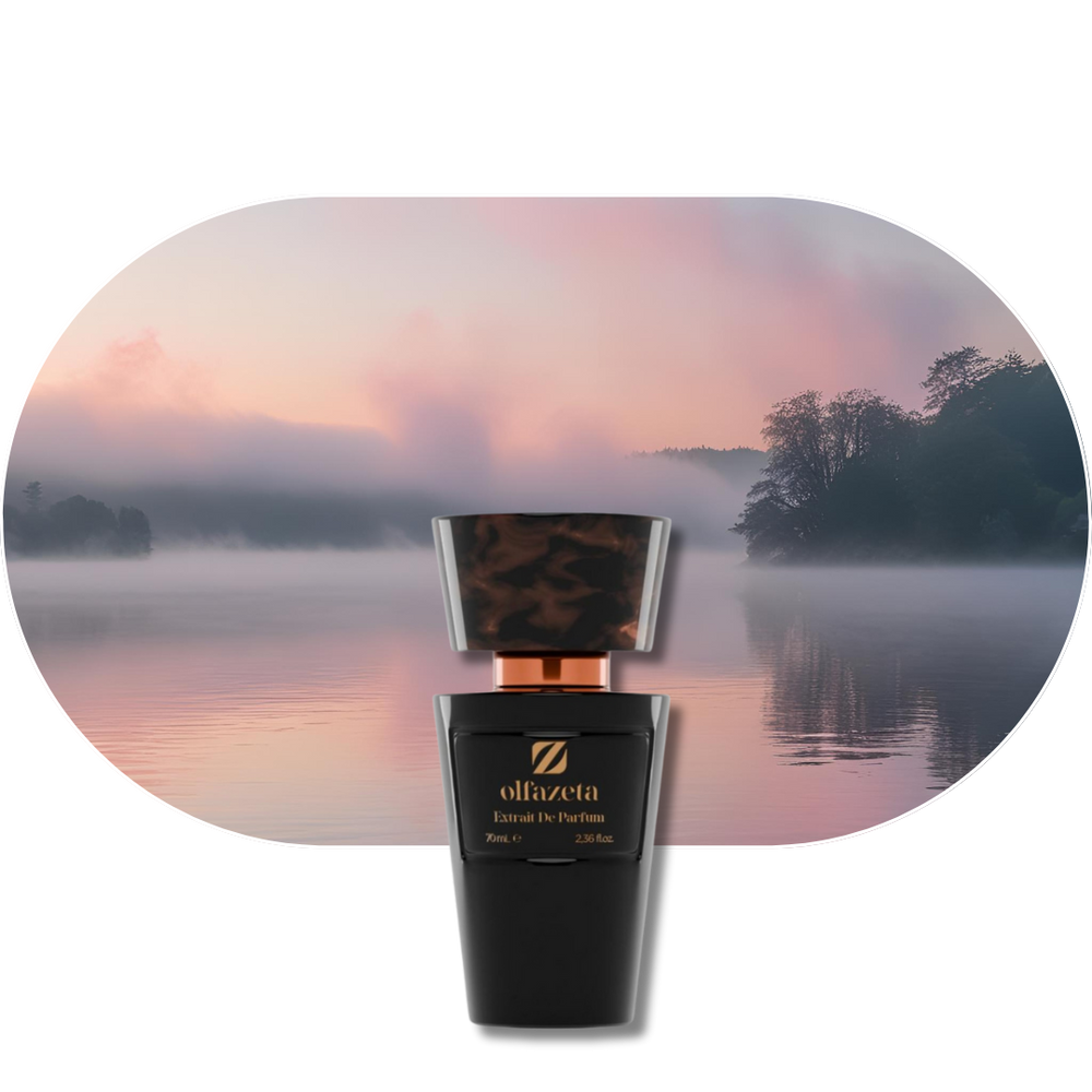 Chogan Parfum 52 Flakon vor nebligem See mit sanftem rosa Licht, eleganter Fougère-Duft mit Anis, Lavendel und Sandelholz