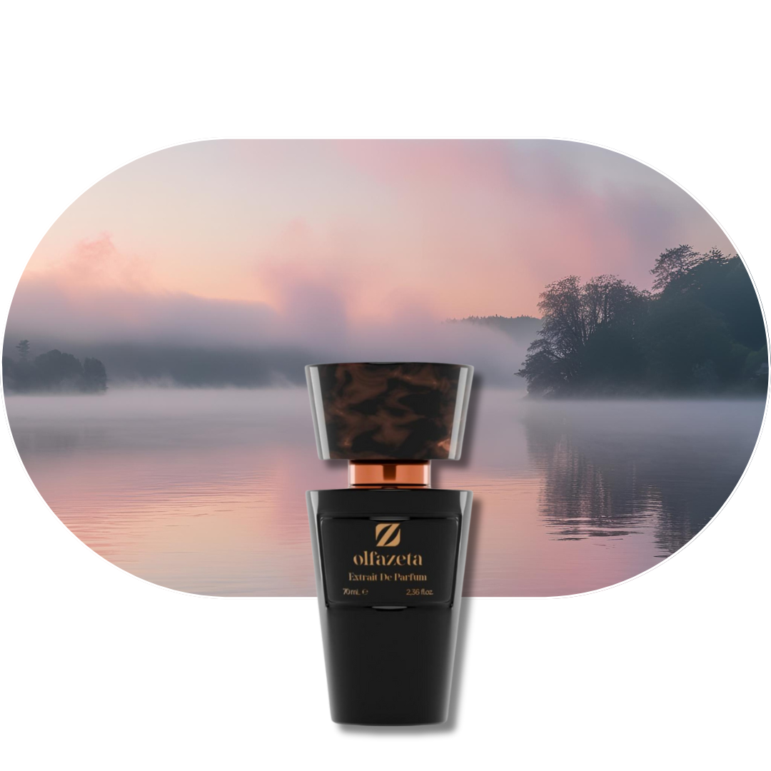 Chogan Parfum 52 Flakon vor nebligem See mit sanftem rosa Licht, eleganter Fougère-Duft mit Anis, Lavendel und Sandelholz