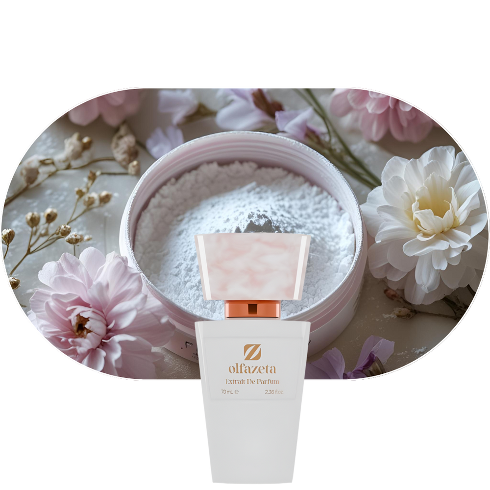 Chogan Parfum 53 Flakon vor Blumendekor mit pudrigem Hintergrund, blumiger Duft mit Moschus und Holznoten
