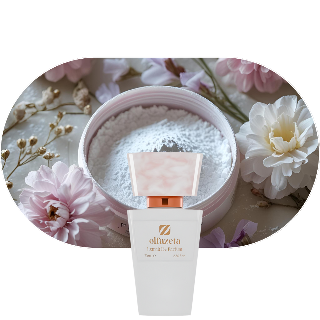 Chogan Parfum 53 Flakon vor Blumendekor mit pudrigem Hintergrund, blumiger Duft mit Moschus und Holznoten