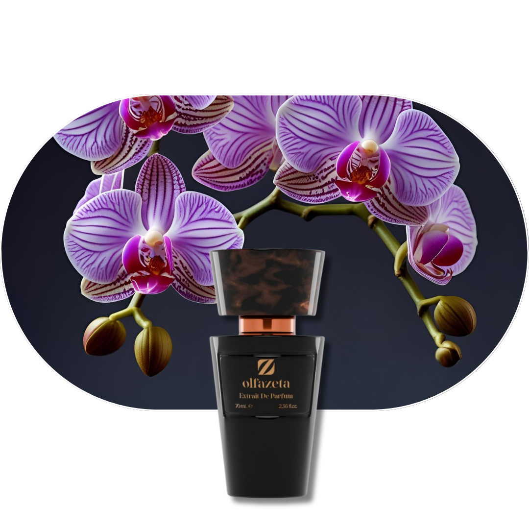 Chogan Parfum 54 Flakon vor lila Orchideenblüten mit warmem, dunklem, zeitlosem Duft