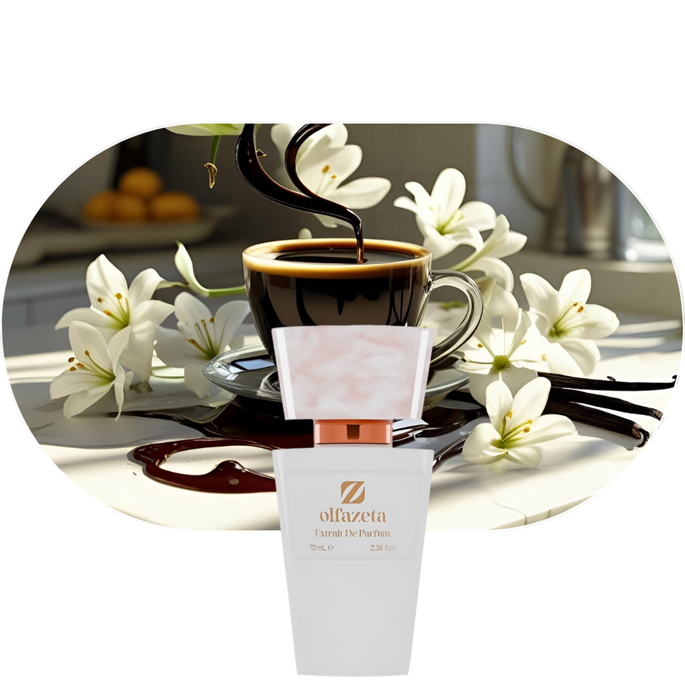 Chogan Parfum 55 mit Duftnoten von Kaffee, weißen Blüten und Vanille, elegante Parfümflasche vor Kaffee und Blumen.