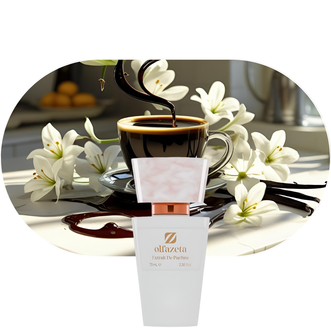 Chogan Parfum 55 mit Duftnoten von Kaffee, weißen Blüten und Vanille, elegante Parfümflasche vor Kaffee und Blumen.