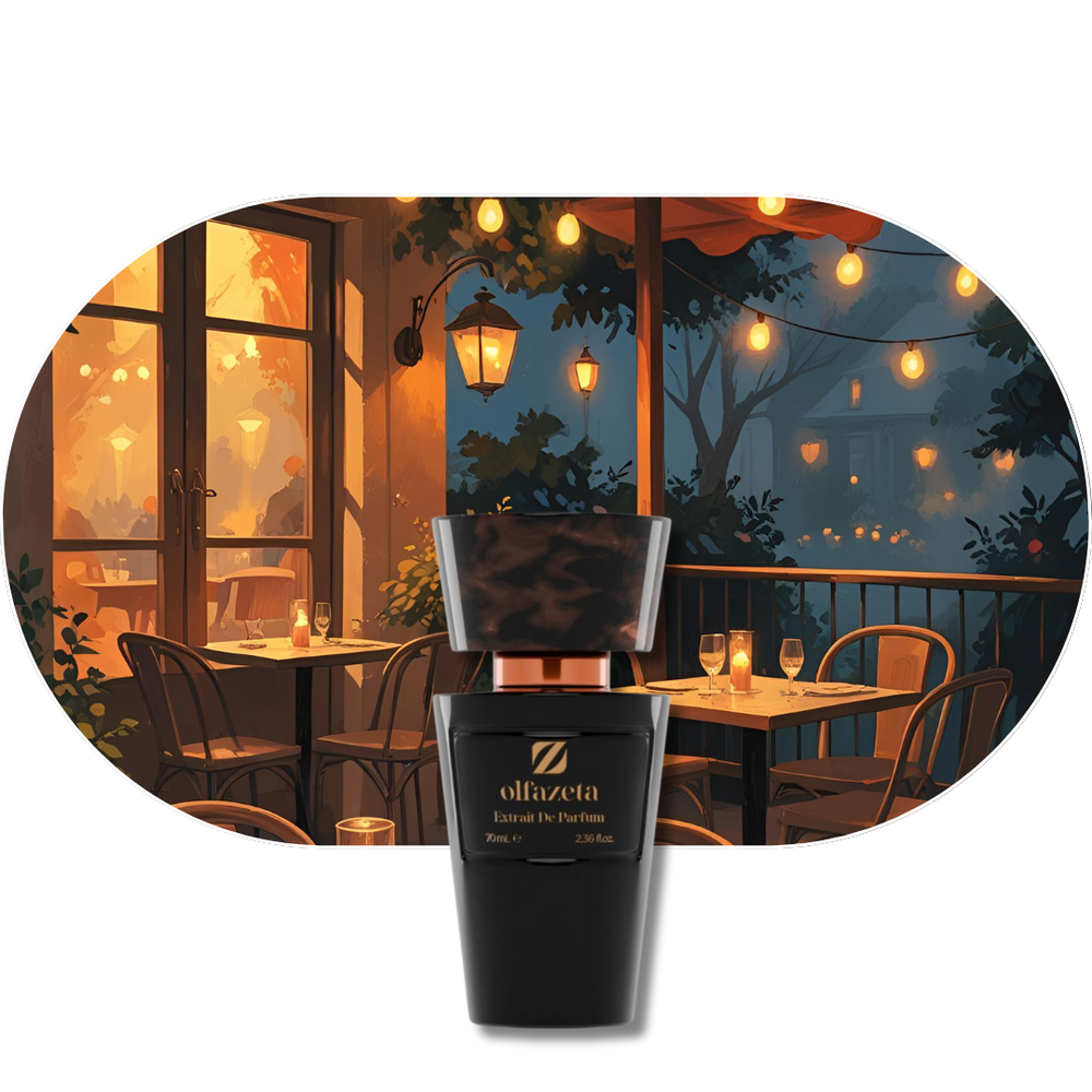 Chogan Parfum mit warmem, romantischem Duft aus fruchtigen, holzigen und marinen Noten in eleganter Flasche vor stimmungsvoller Abendterrasse