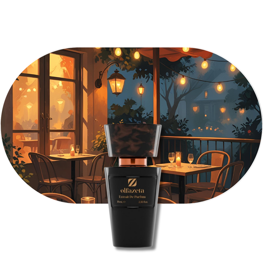 Chogan Parfum mit warmem, romantischem Duft aus fruchtigen, holzigen und marinen Noten in eleganter Flasche vor stimmungsvoller Abendterrasse