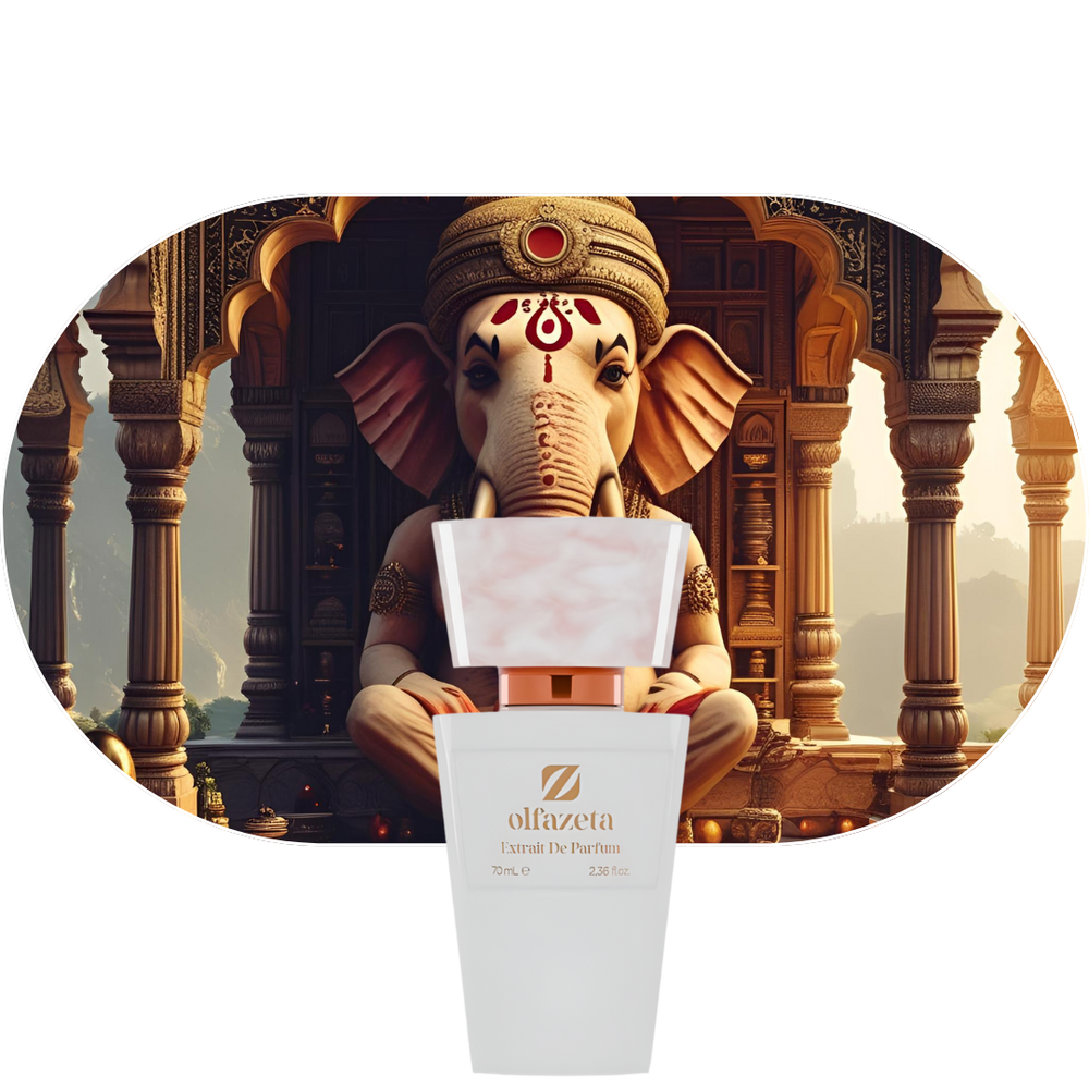 Chogan Parfum 64 orientalischer Duft mit Mandarine, Osmanthus und Ambra vor indischem Tempelhintergrund