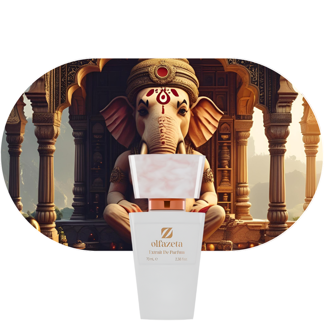 Chogan Parfum 64 orientalischer Duft mit Mandarine, Osmanthus und Ambra vor indischem Tempelhintergrund