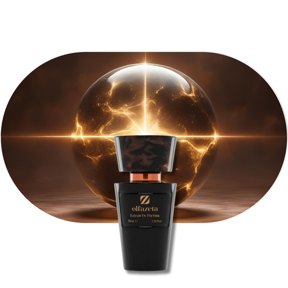 Chogan Parfum 66 Flakon vor leuchtender Energiekugel mit warmen Duftnoten aus Apfel, Bergamotte, Zimt, Ambra und Sandelholz