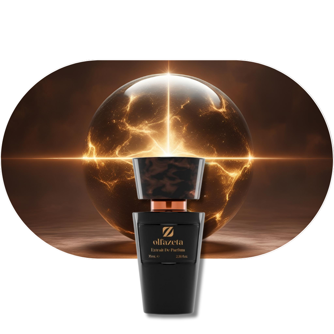 Chogan Parfum 66 Flakon vor leuchtender Energiekugel mit warmen Duftnoten aus Apfel, Bergamotte, Zimt, Ambra und Sandelholz
