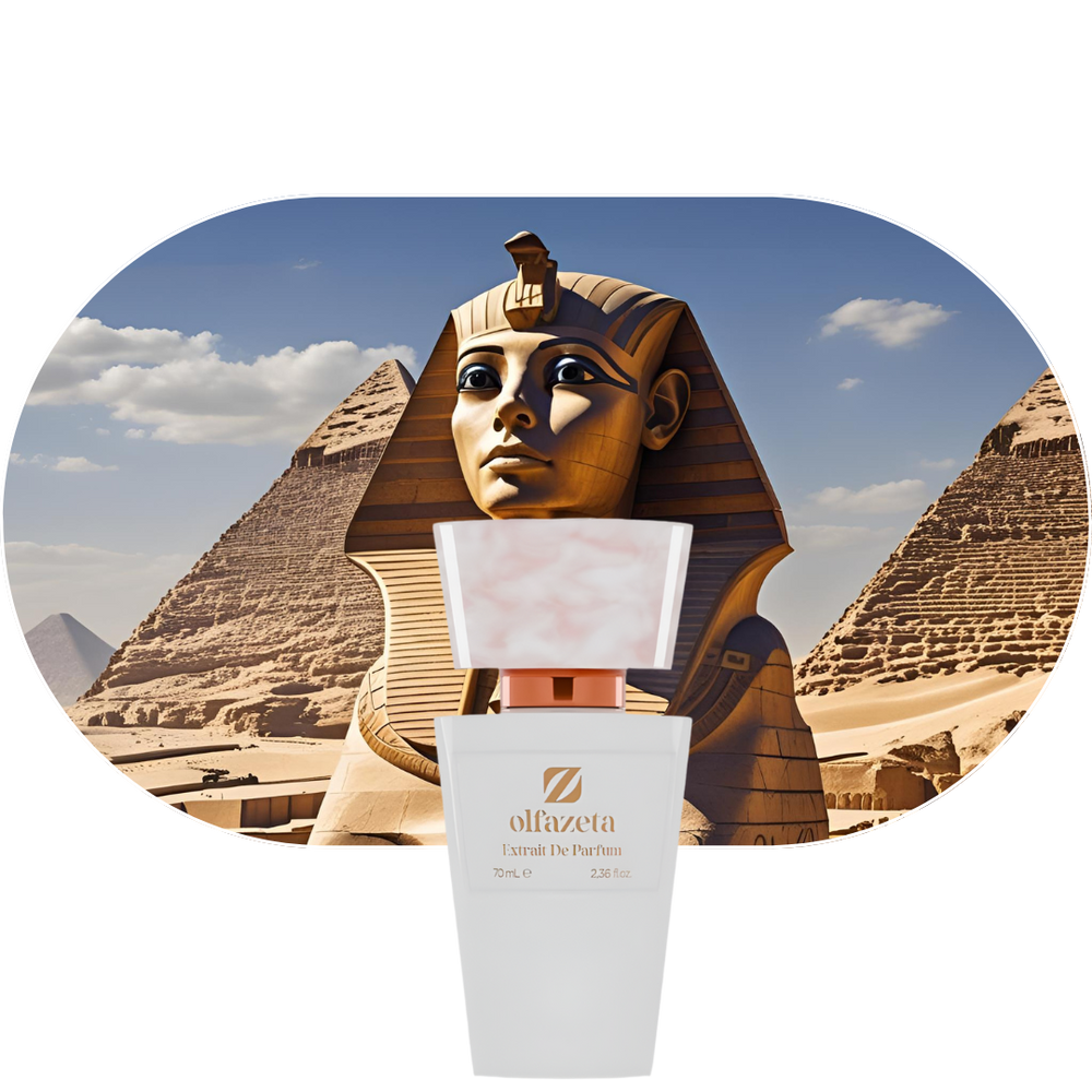 Chogan Parfum 67 Flakon vor Sphinx und Pyramiden, Duft für starke, moderne Frauen mit Noten von Ingwerblüte, Jasmin, Meersalz und Ambergris.