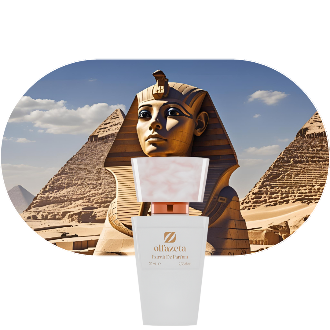 Chogan Parfum 67 Flakon vor Sphinx und Pyramiden, Duft für starke, moderne Frauen mit Noten von Ingwerblüte, Jasmin, Meersalz und Ambergris.
