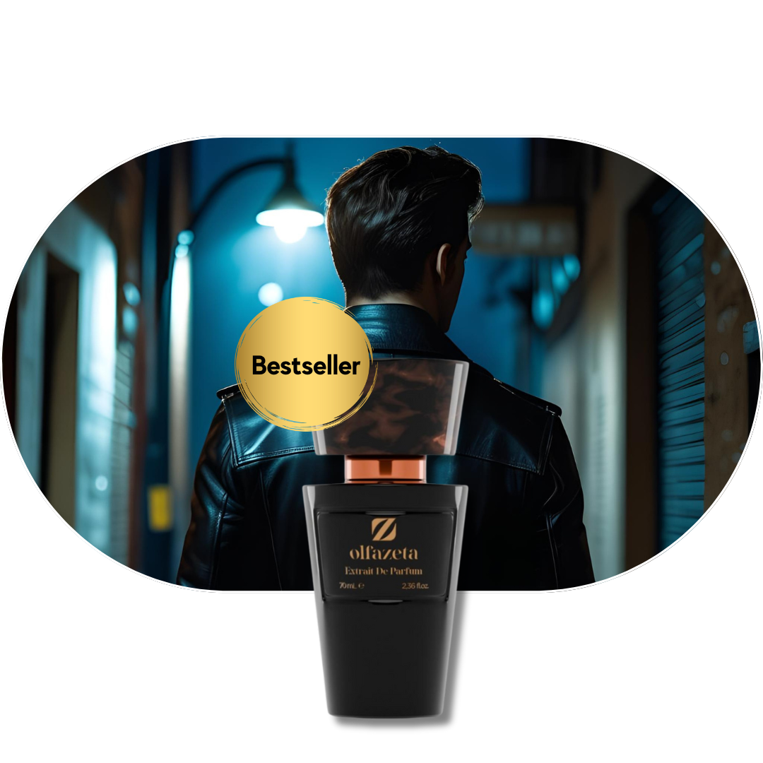 Chogan Parfum 68 Flakon vor männlicher Person in Lederjacke bei Nacht, selbstbewusster und kühner Duft mit Noten von Ananas, Apfel, Jasmin und Moschus