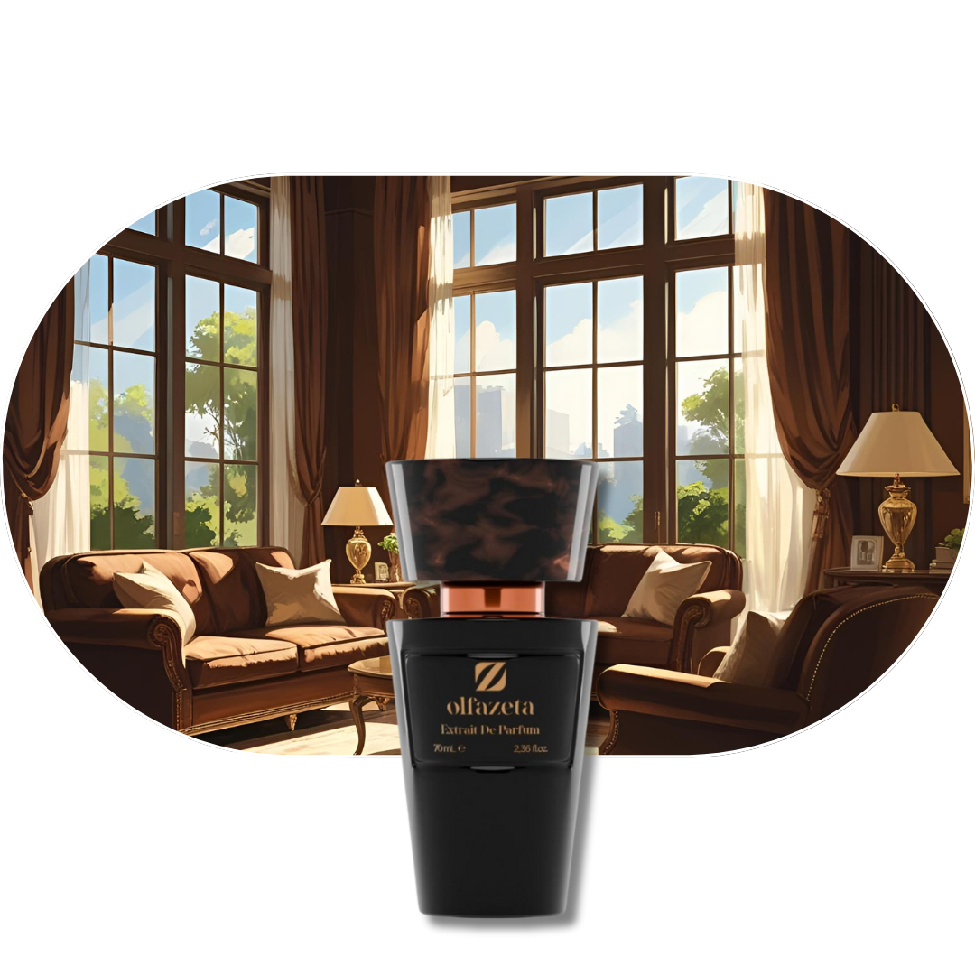 Chogan Parfum 69 Extrakt de Parfum Flakon vor elegantem Wohnzimmer mit großen Fenstern und braunen Möbeln