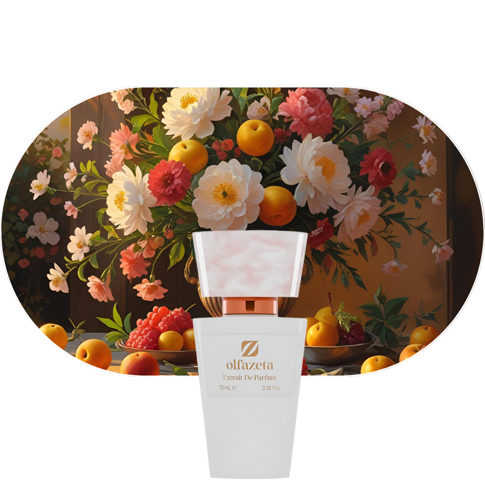 Chogan Parfum 71 weißer Flakon vor Hintergrund mit Blumen und Früchten, florale und fruchtige Duftnoten