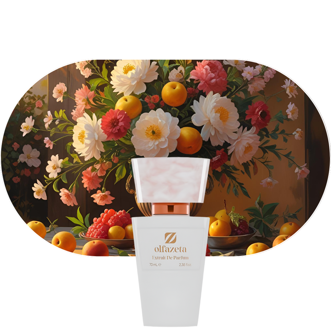 Chogan Parfum 71 weißer Flakon vor Hintergrund mit Blumen und Früchten, florale und fruchtige Duftnoten