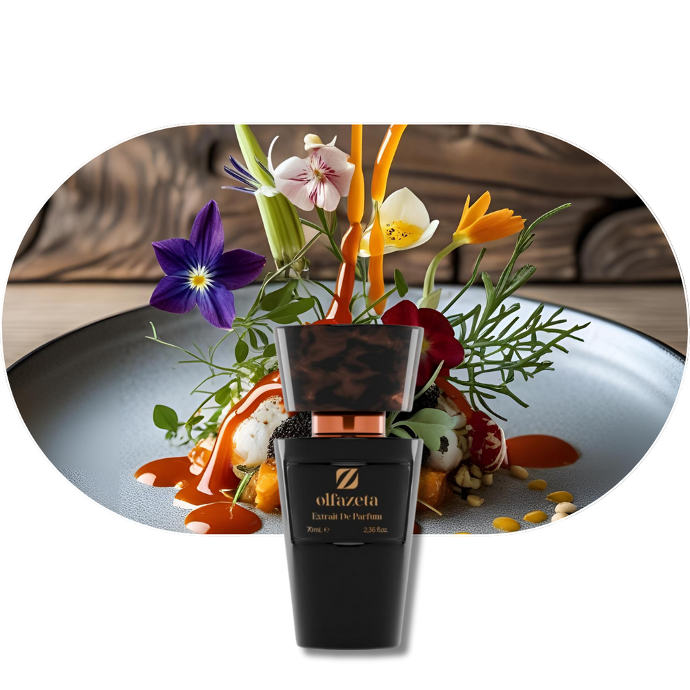 Chogan Parfum 78 Flakon vor künstlerisch dekoriertem Teller mit Blumen und Saucen, luxuriöser Duft mit Ambra, Minze, Gewürzen und Vanille