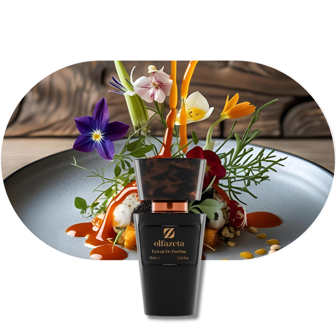 Chogan Parfum 78 Flakon vor künstlerisch dekoriertem Teller mit Blumen und Saucen, luxuriöser Duft mit Ambra, Minze, Gewürzen und Vanille
