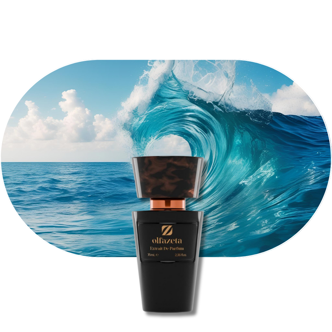 Chogan Parfum 91 Flakon vor großer Welle im azurblauen Meer, symbolisiert frische und belebende Energie