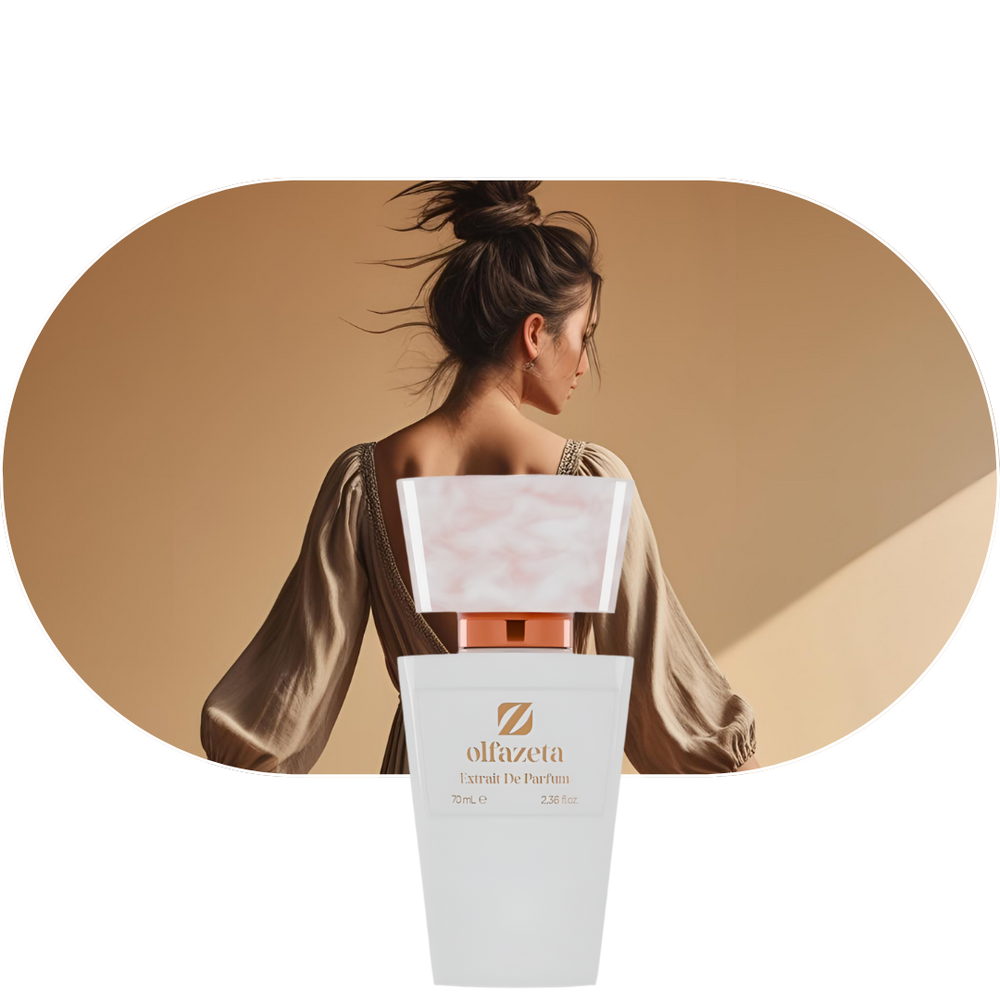 Chogan Parfum 96 Damenduft mit Mandarine, Jasmin und Moschus, eleganter Flakon vor Frau mit Hochsteckfrisur