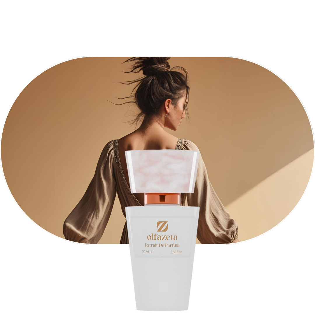 Chogan Parfum 96 Damenduft mit Mandarine, Jasmin und Moschus, eleganter Flakon vor Frau mit Hochsteckfrisur
