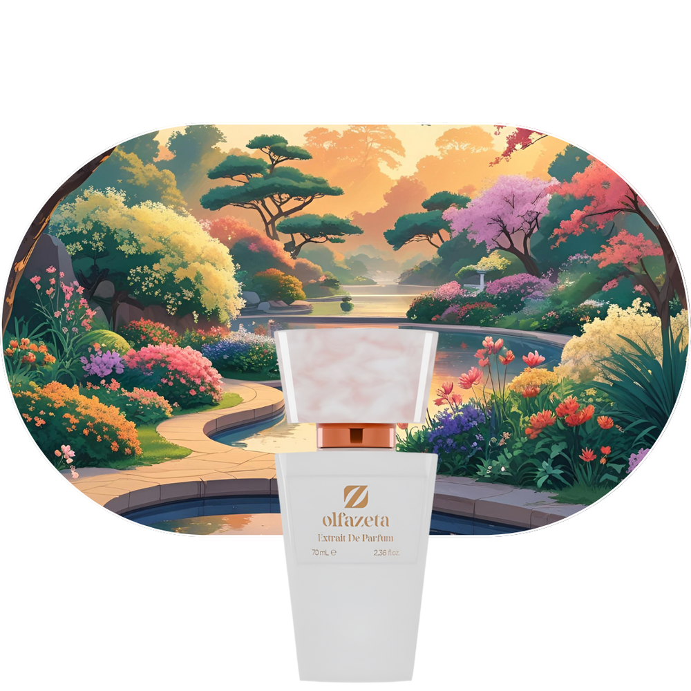 Chogan Parfum 97 Flakon vor farbenfrohem, blühendem Garten mit Sonnenuntergang, moderner weiblicher Duft mit Noten von Campari, Rosmarin, Jasmin und Vanille