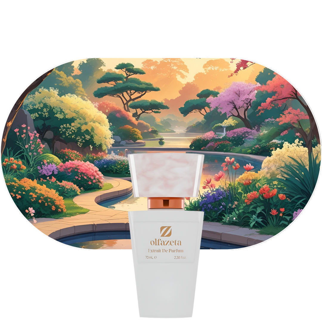 Chogan Parfum 97 Flakon vor farbenfrohem, blühendem Garten mit Sonnenuntergang, moderner weiblicher Duft mit Noten von Campari, Rosmarin, Jasmin und Vanille