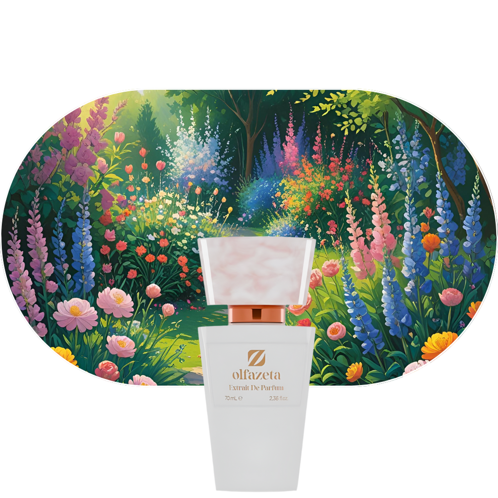 Chogan Parfum 98 mit floralen und fruchtigen Noten, elegant präsentiert vor buntem Blumengarten-Hintergrund.